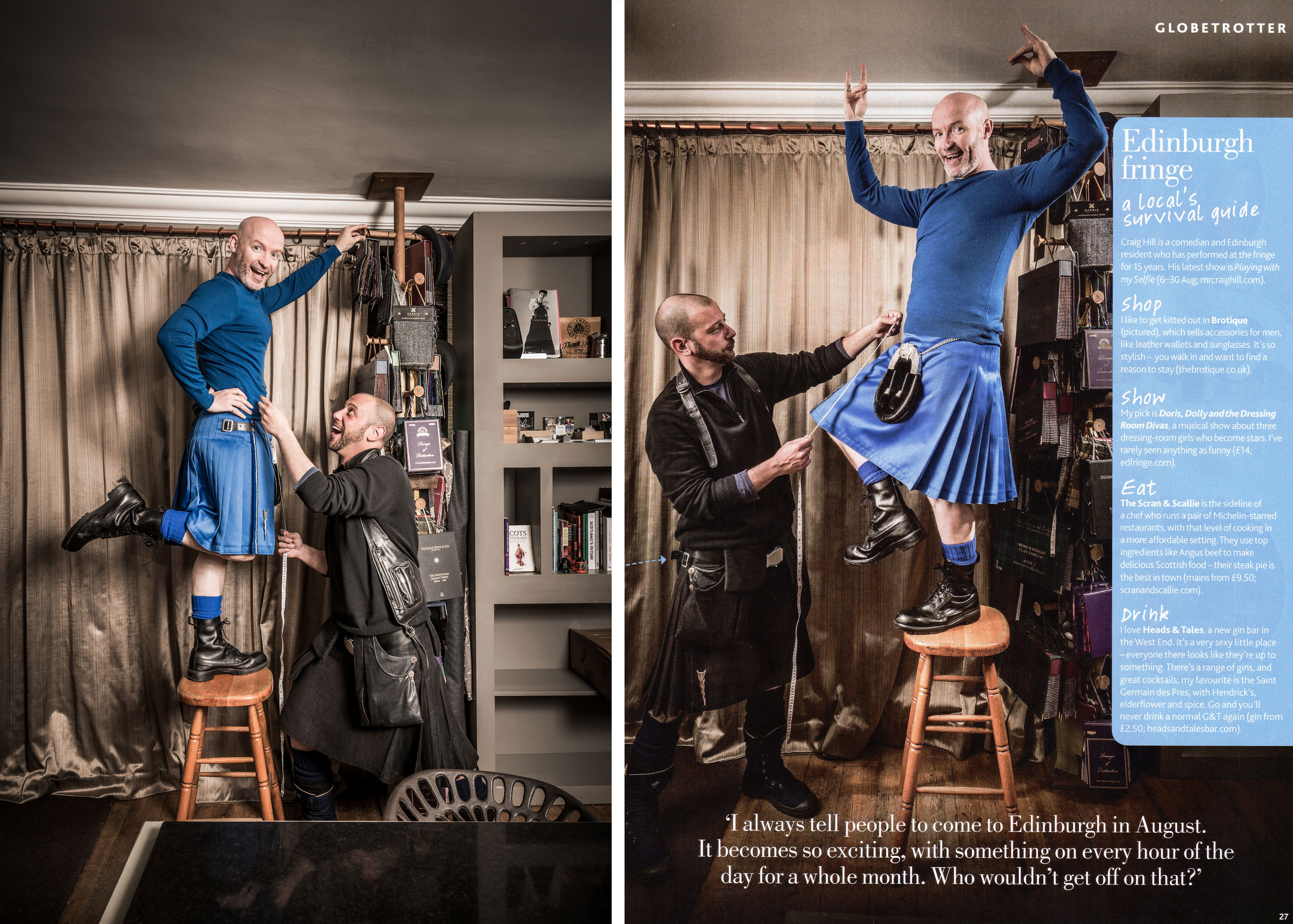 Craig Hill Scottish comedian standing on table being measured for a kilt, Edinburgh