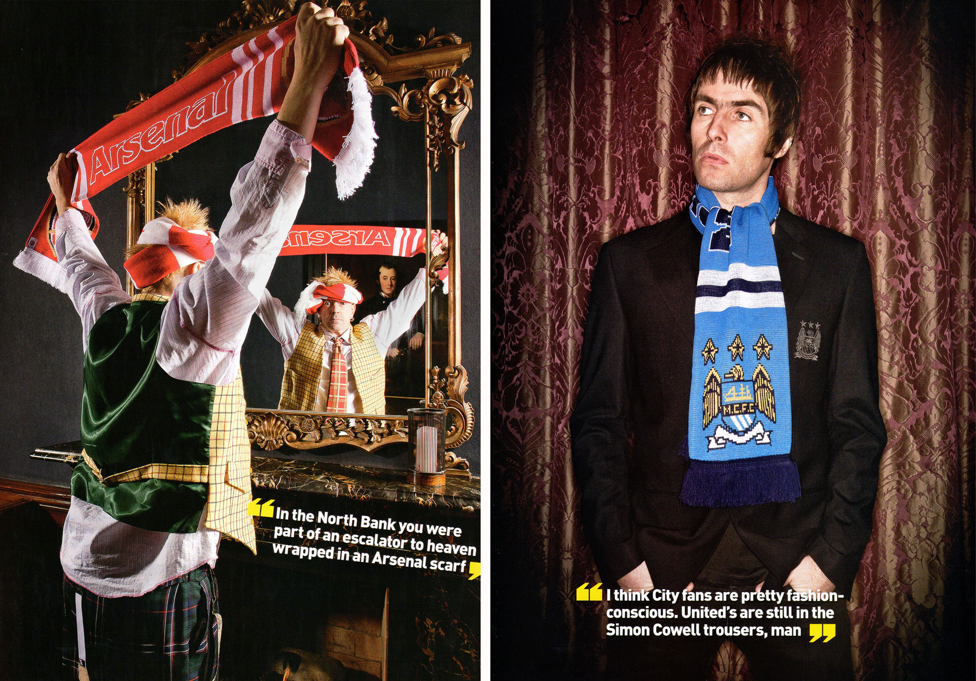 Famous fans Johnny Rotten Lydon of The Sex Pistos and pil and liam Gallagher of oasis with football scarves
