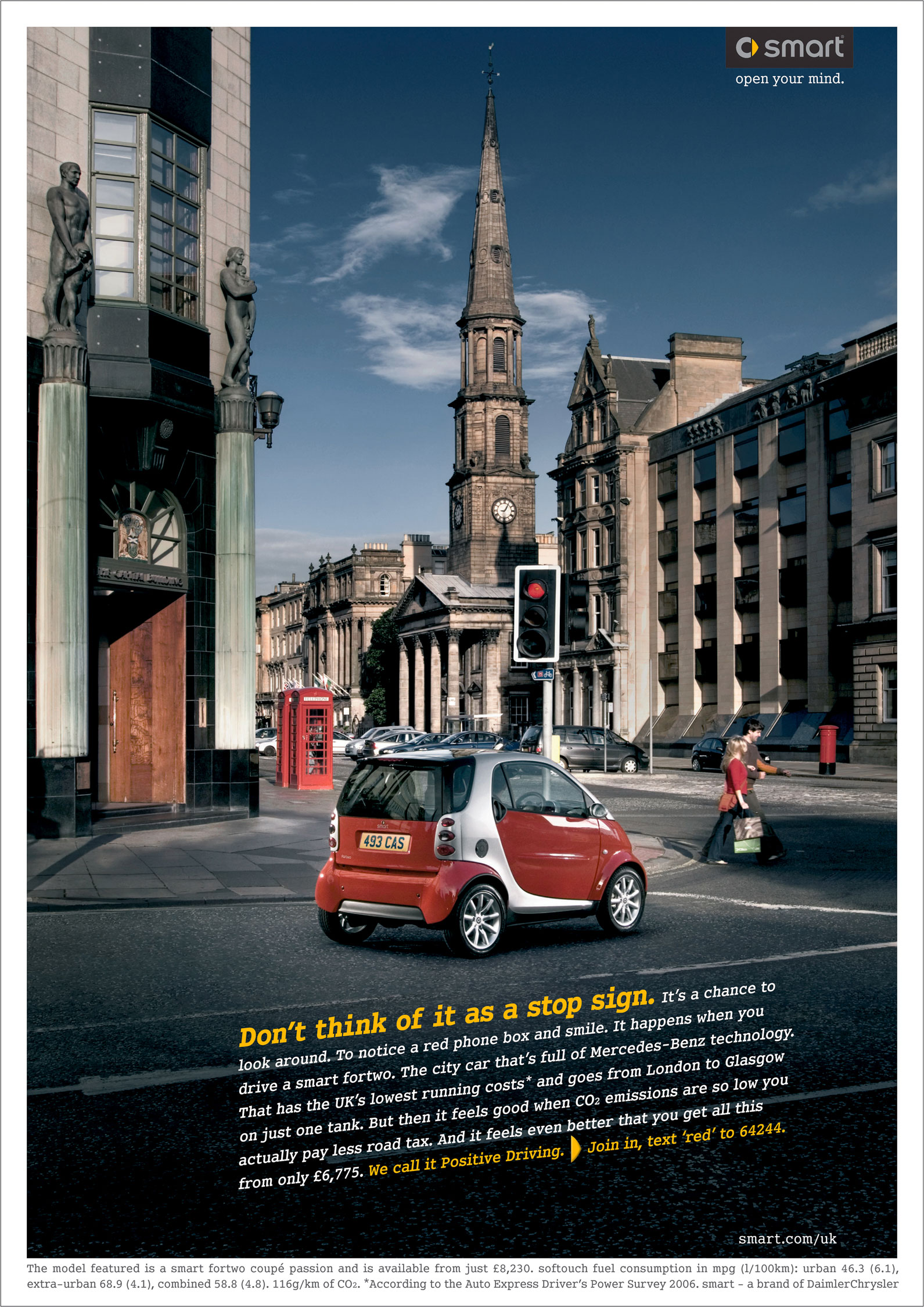 Smart car at red lights with empty roads in edinburgh Scotland
